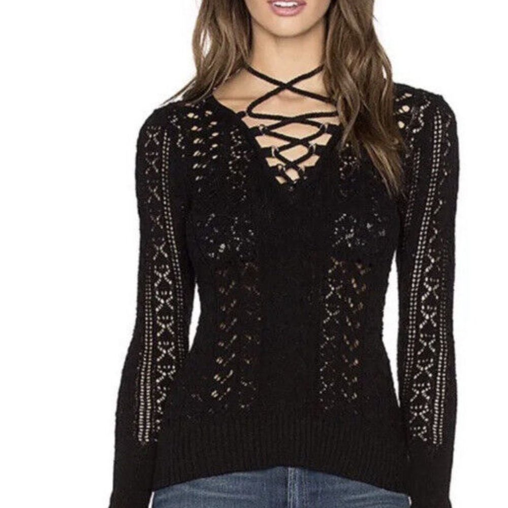 Free People Black Open Weave Knit Top Lace Up Neckline Long Sleeves size M